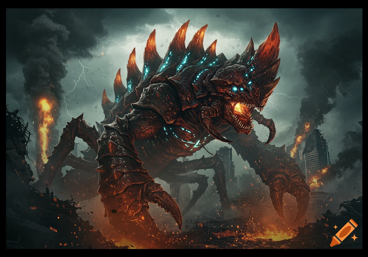 A giant red monster with glowing spikes attacks a destroyed city under a stormy sky with lightning.