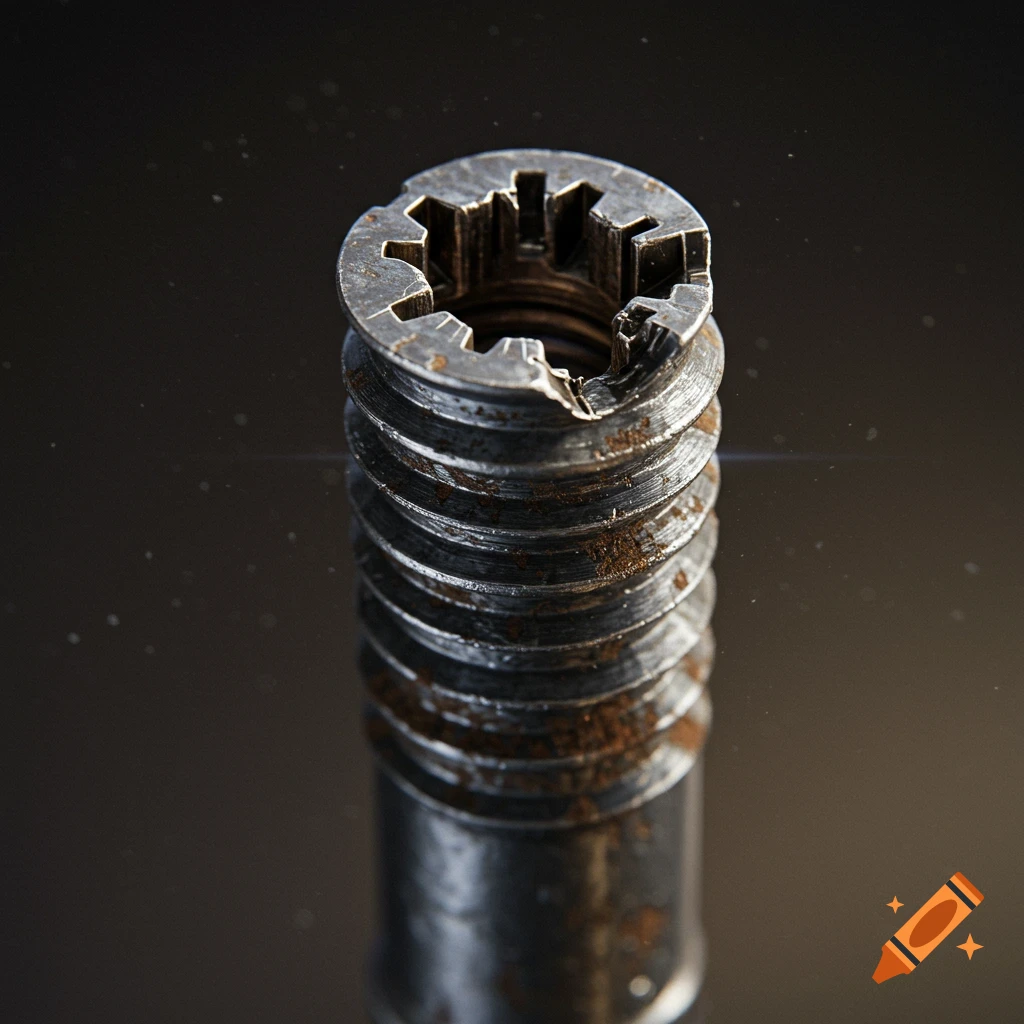 A close-up detail photo of a rusty, stripped metal bolt or screw.