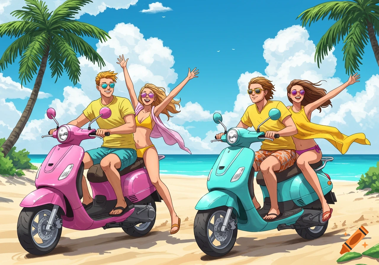 Two couples ride scooters on a tropical beach under a sunny sky in an illustration style.