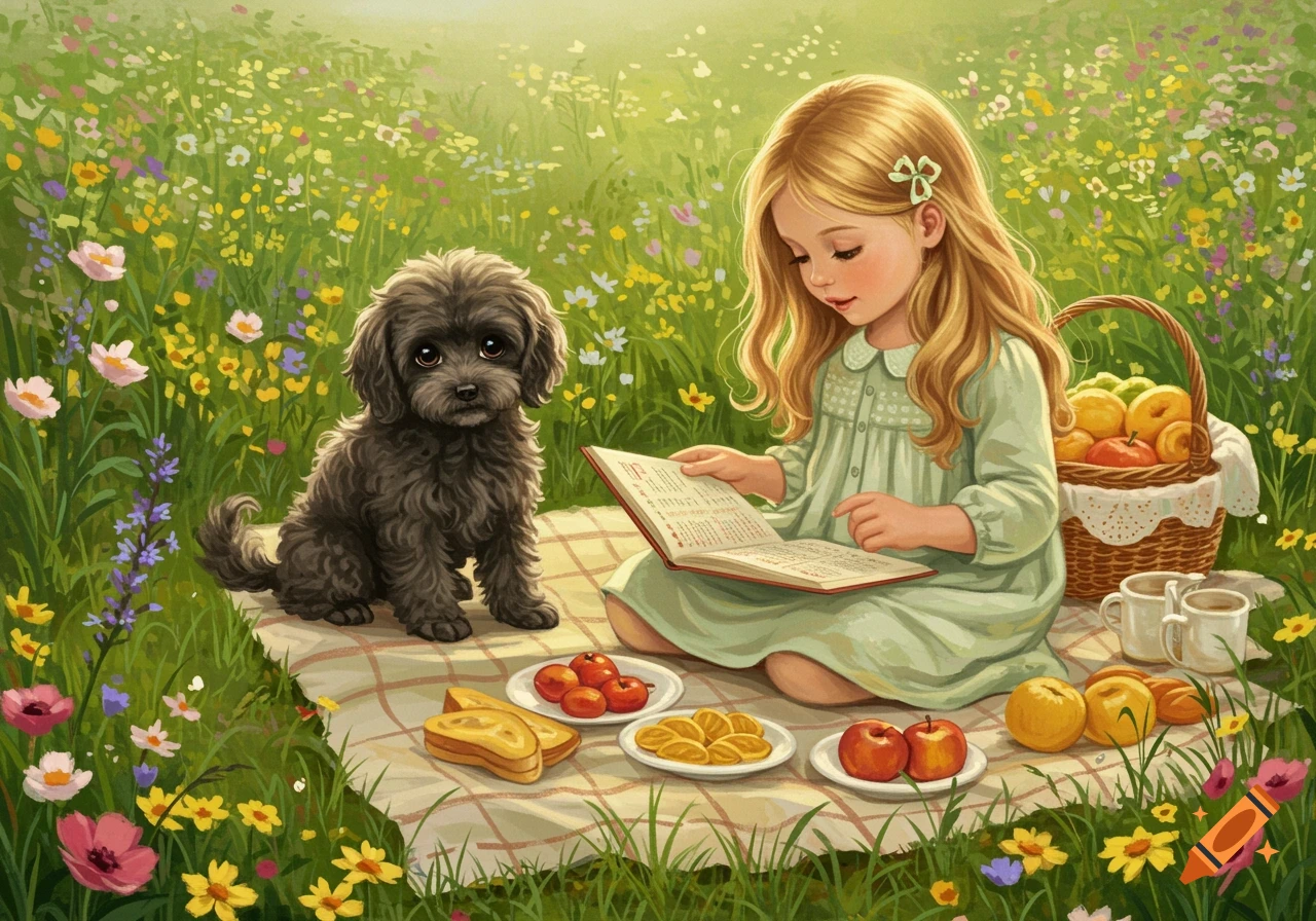 A girl and a black puppy sit on a picnic blanket in a meadow with flowers, reading a book.