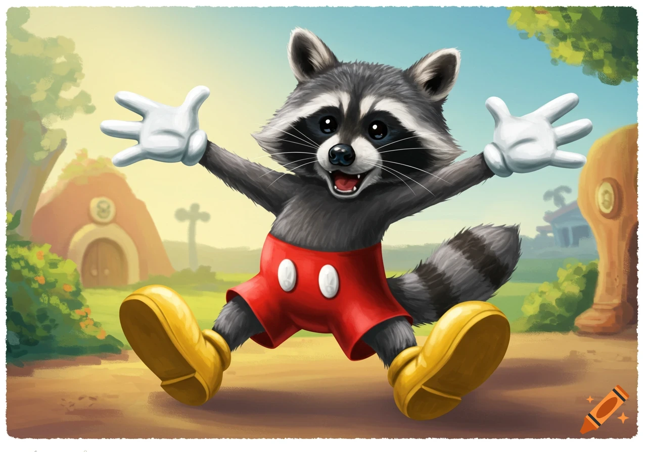 Cartoon raccoon wearing Mickey Mouse costume in a field with arms spread wide.