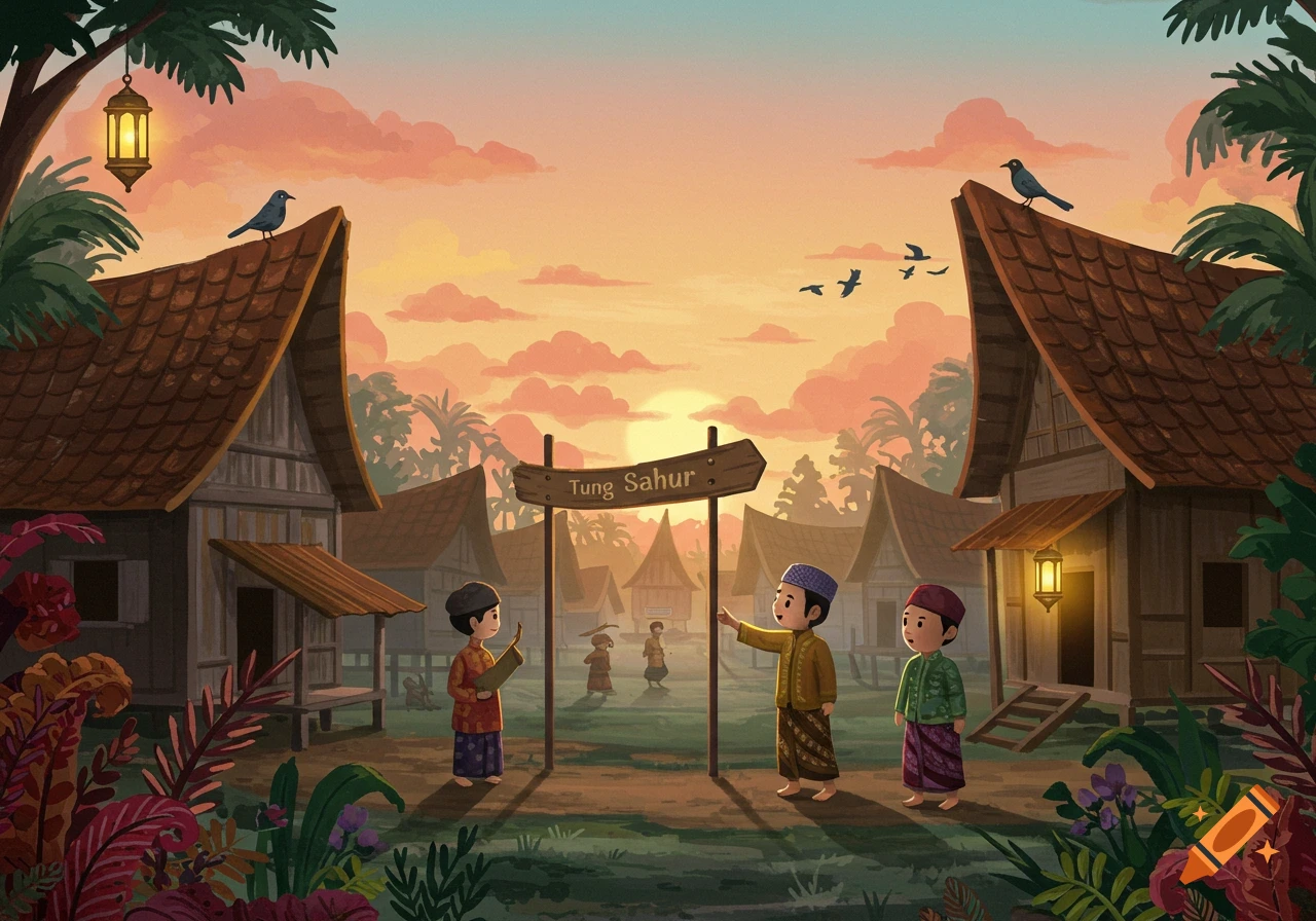 Cartoon illustration of children near a sign reading 'Tung Sahur' in a village at sunset