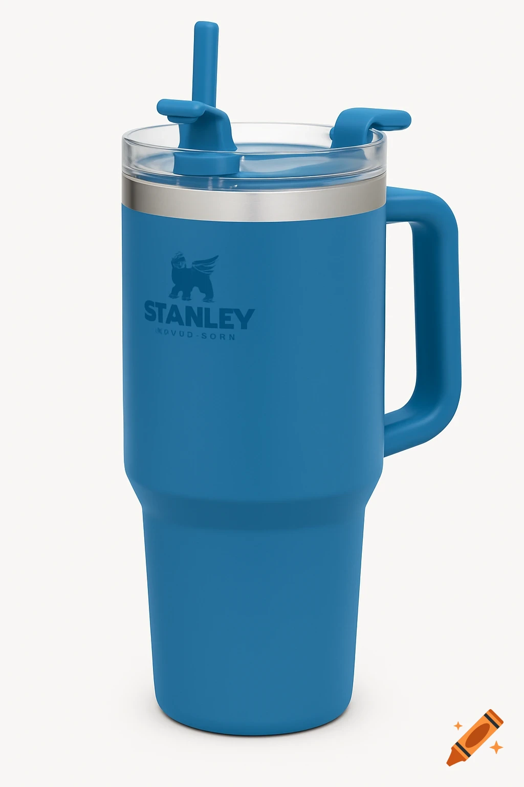 A blue Stanley tumbler cup with a handle and straw on a white background.