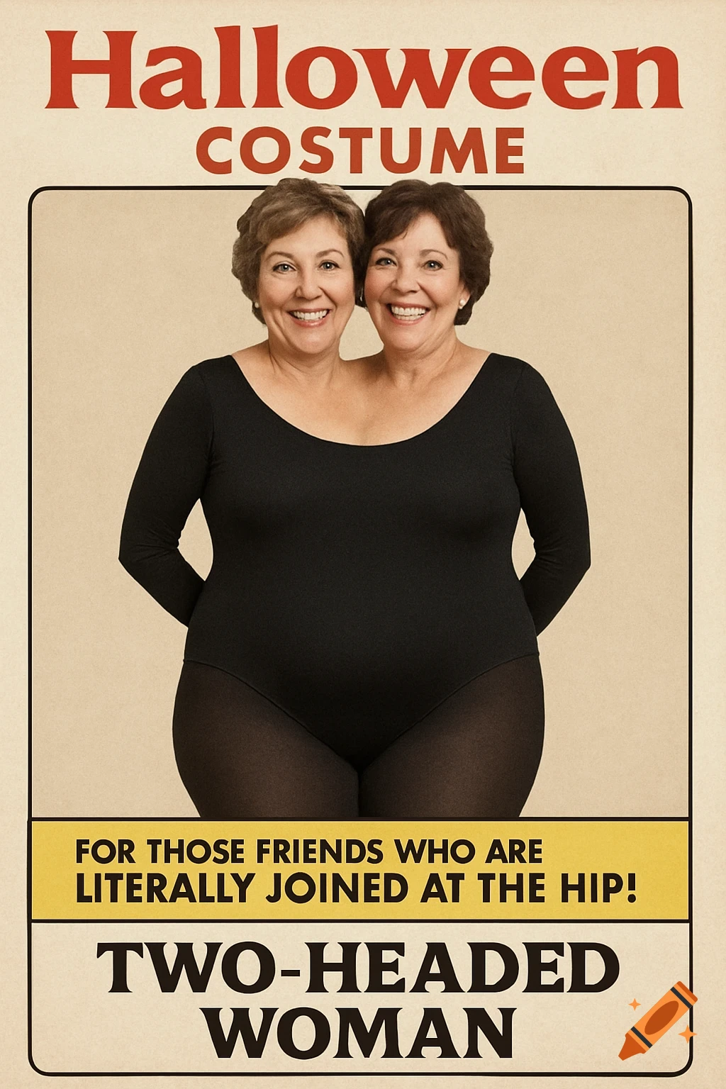 Vintage style poster advertising a Halloween costume featuring two women joined together into a two-headed figure.