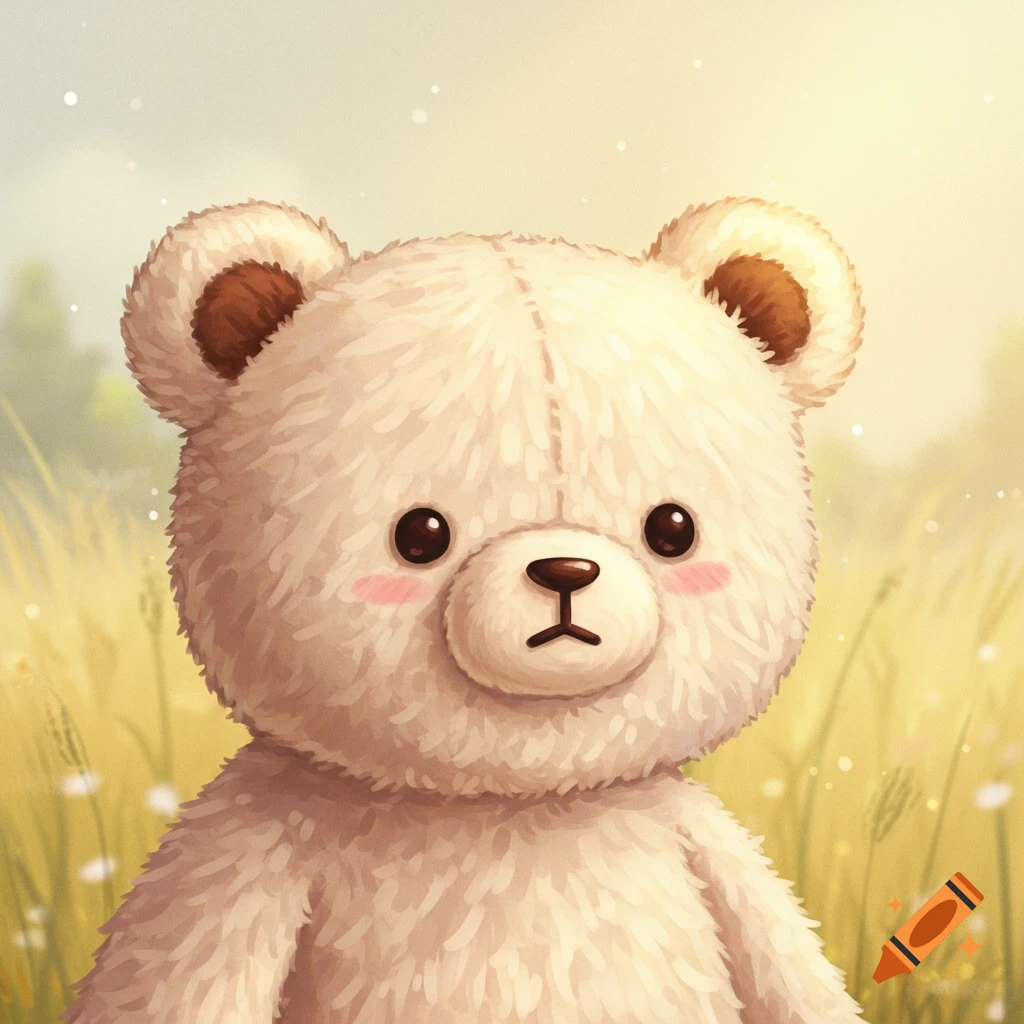 A cute teddy bear with big eyes and pink cheeks stands in a sunlit field.