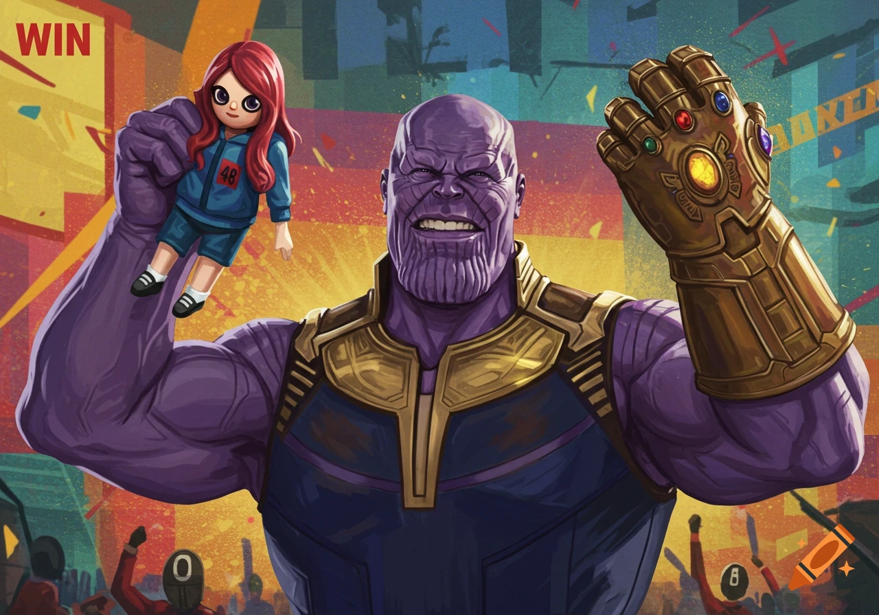 Stylized illustration of Thanos holding a girl in a Squid Game tracksuit, showing the Infinity Gauntlet, with WIN text.
