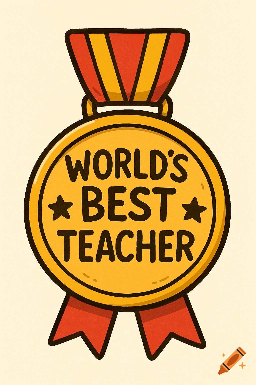 Cartoon illustration of a gold medal with red and yellow ribbon, text reads "WORLD'S BEST TEACHER".