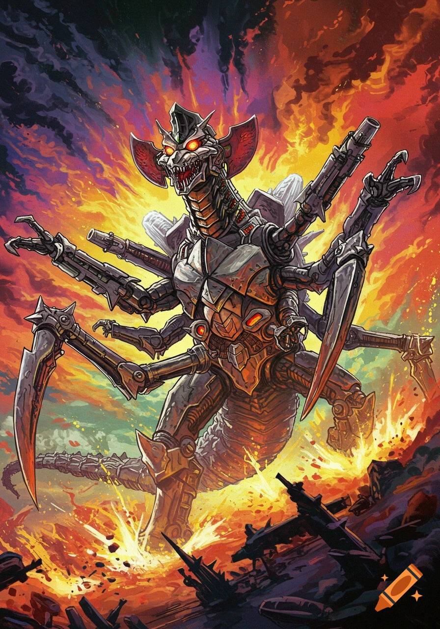 A detailed illustration of a multi-limbed mechanical monster standing in flames and debris.