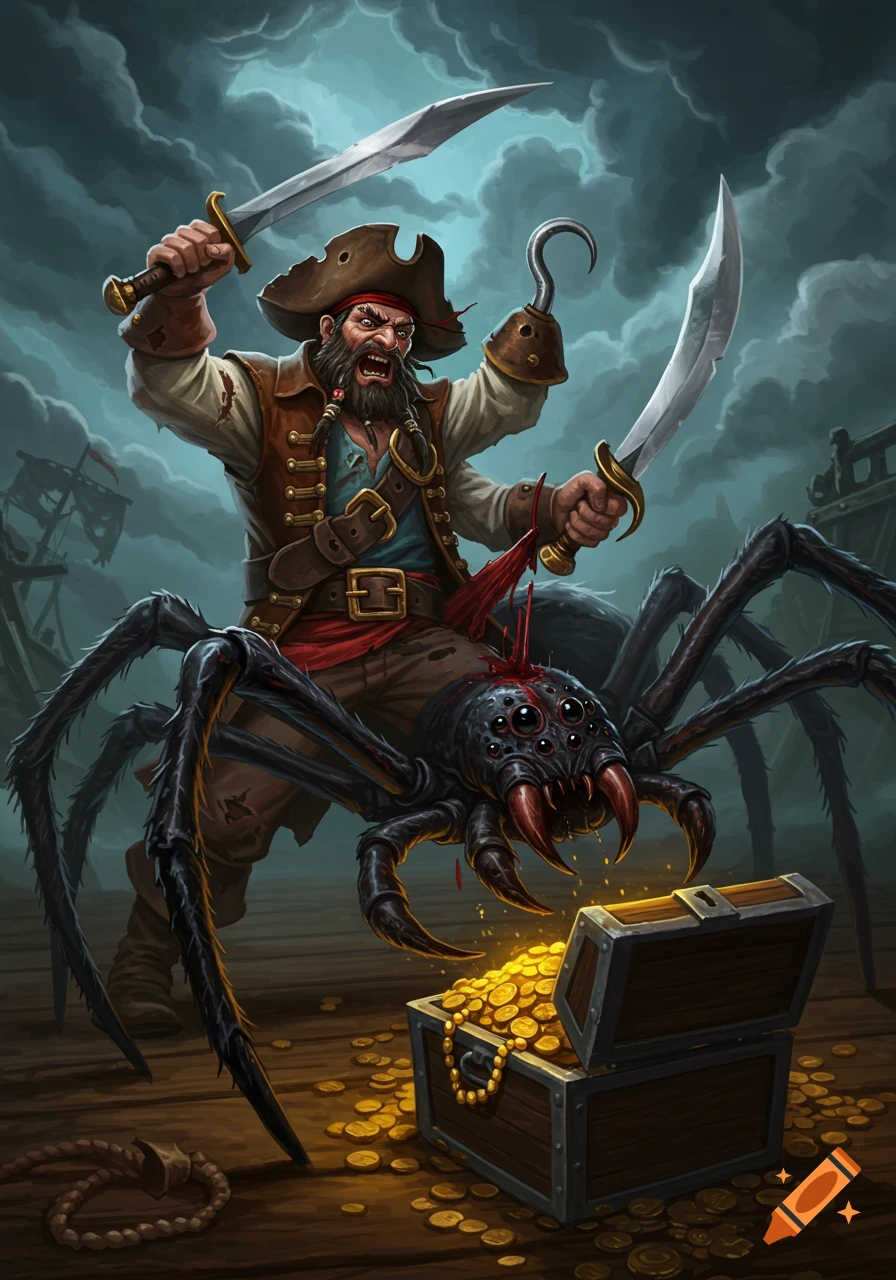 A pirate with swords rides a large spider next to a treasure chest in a stormy fantasy illustration.