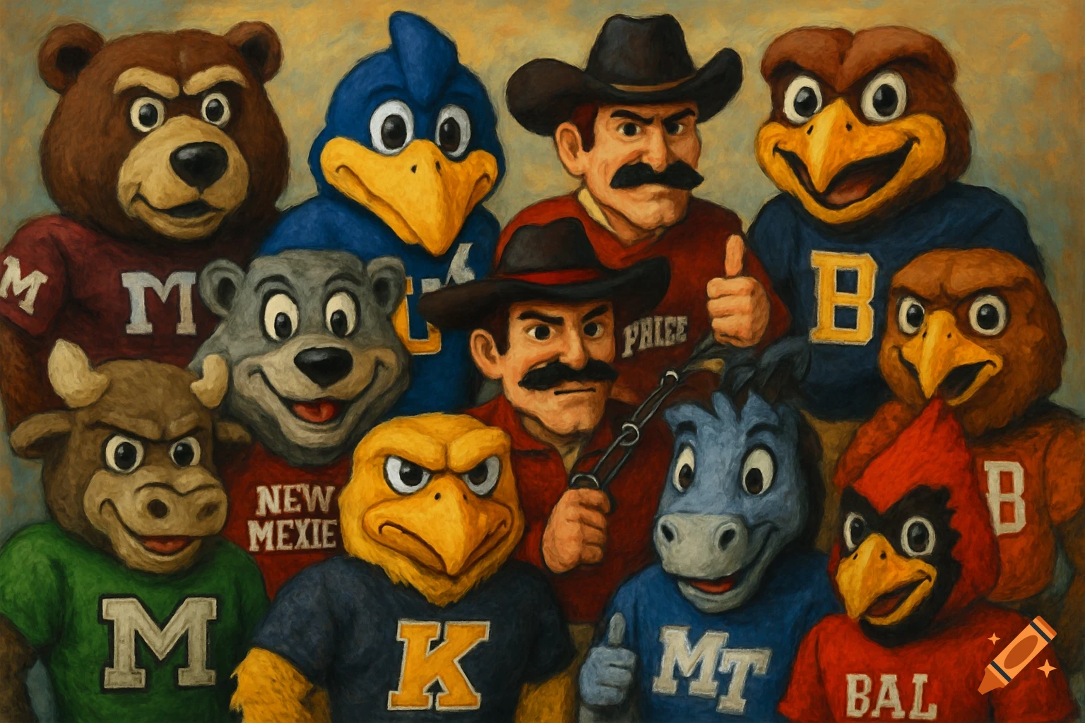 A group of college sports mascots and two men in cowboy hats, depicted in a painterly style.