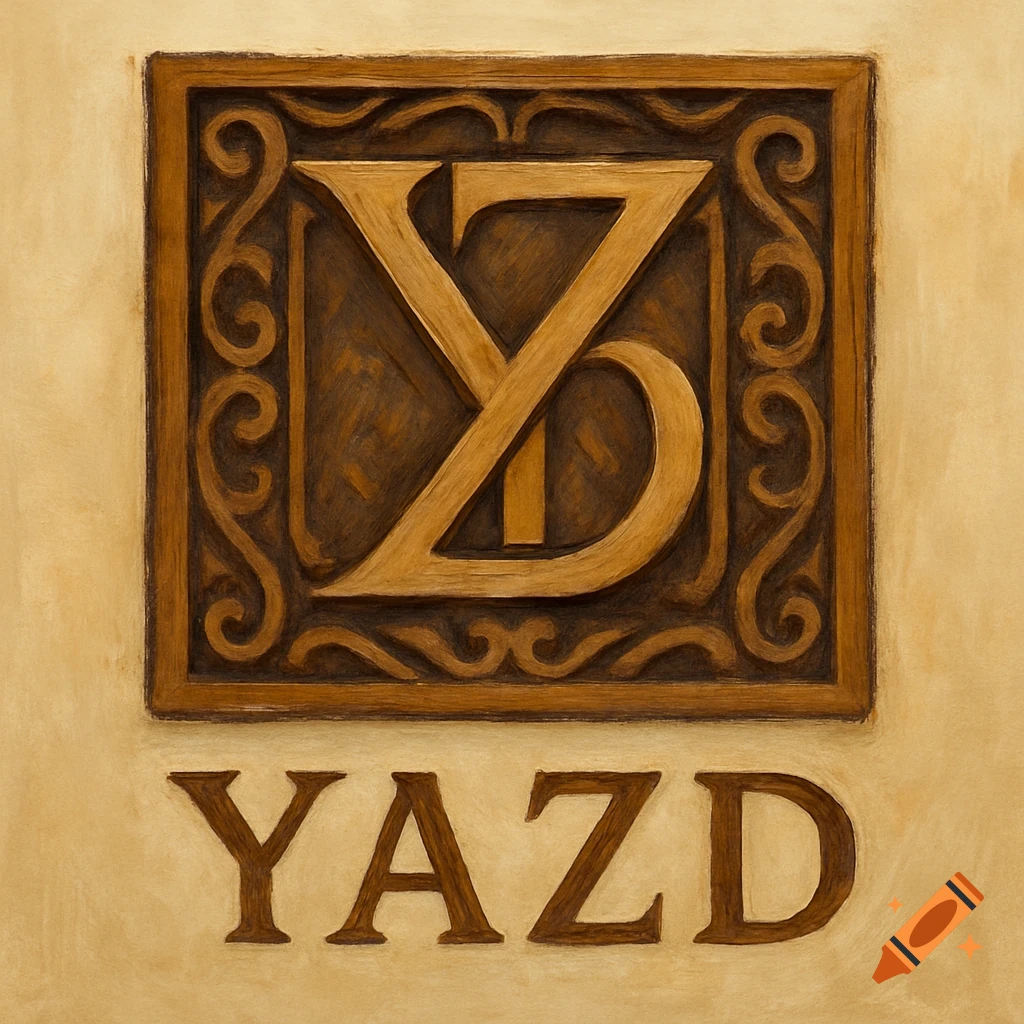 Stylized monogram above carved letters spelling YAZD on a textured background.