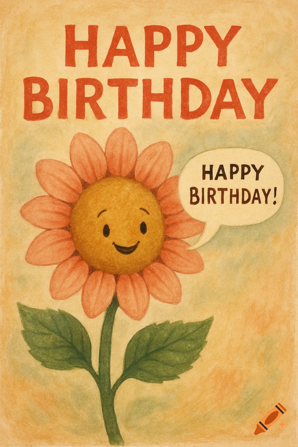 Cartoon flower holds a speech bubble saying "HAPPY BIRTHDAY!". Text "HAPPY BIRTHDAY" is also at the top. Colored pencil style.