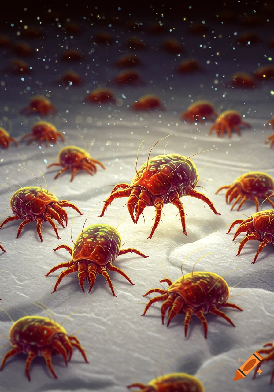 Magnified view of numerous dust mites on a surface.