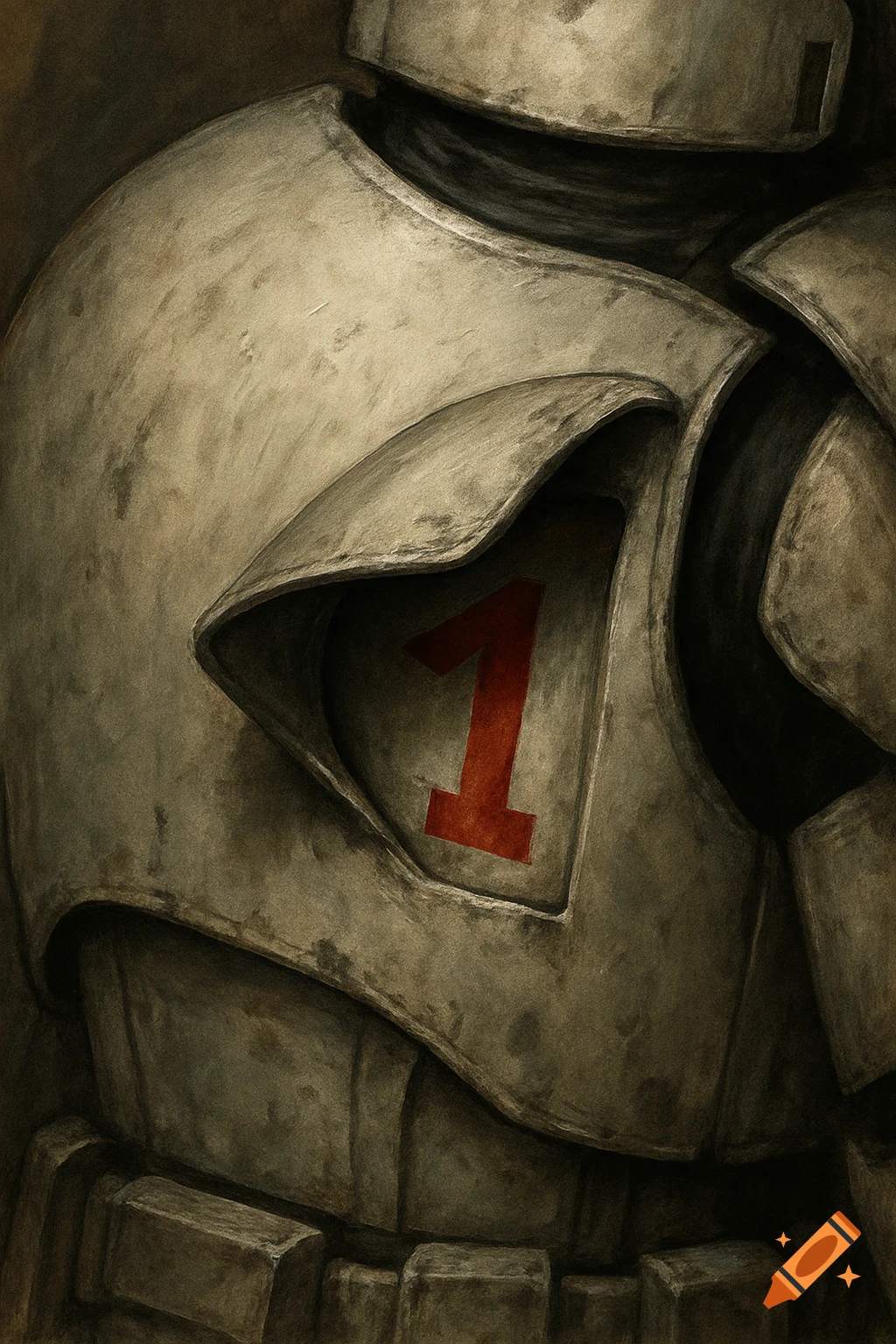 Close-up of weathered futuristic armor with a large red number 1