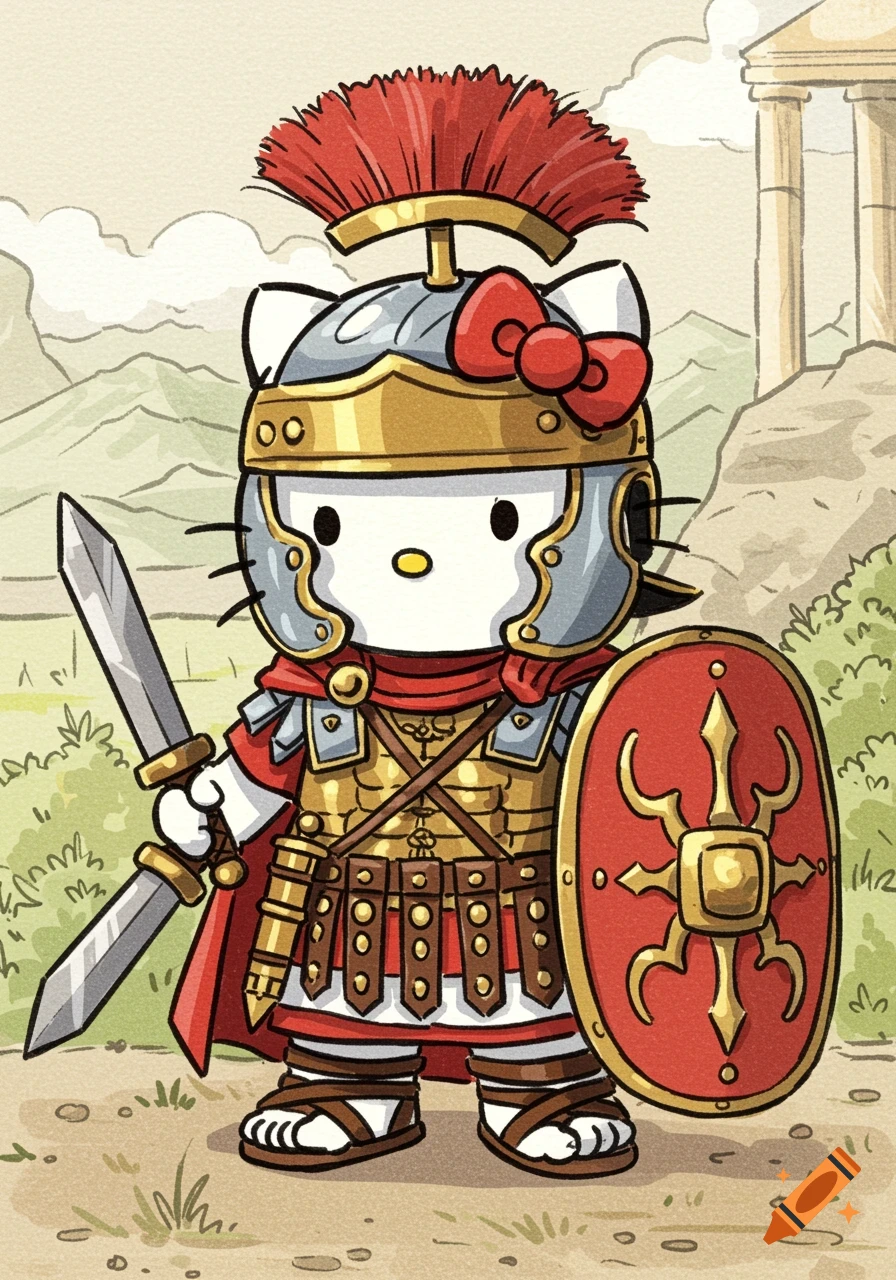 Cartoon Hello Kitty dressed as a Roman soldier with sword and shield stands before ancient ruins.