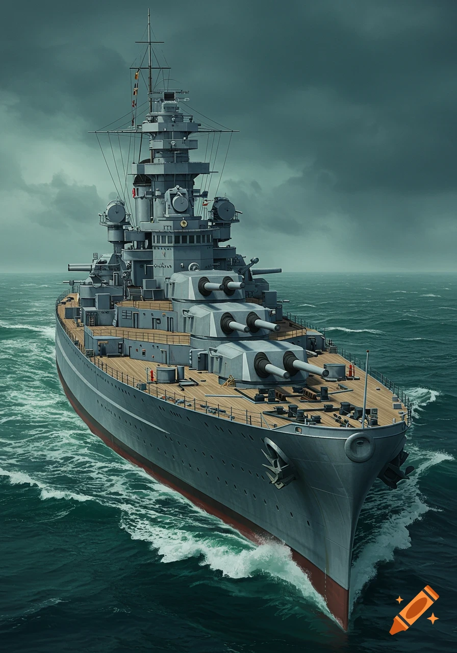 A large grey battleship sails on a stormy sea.
