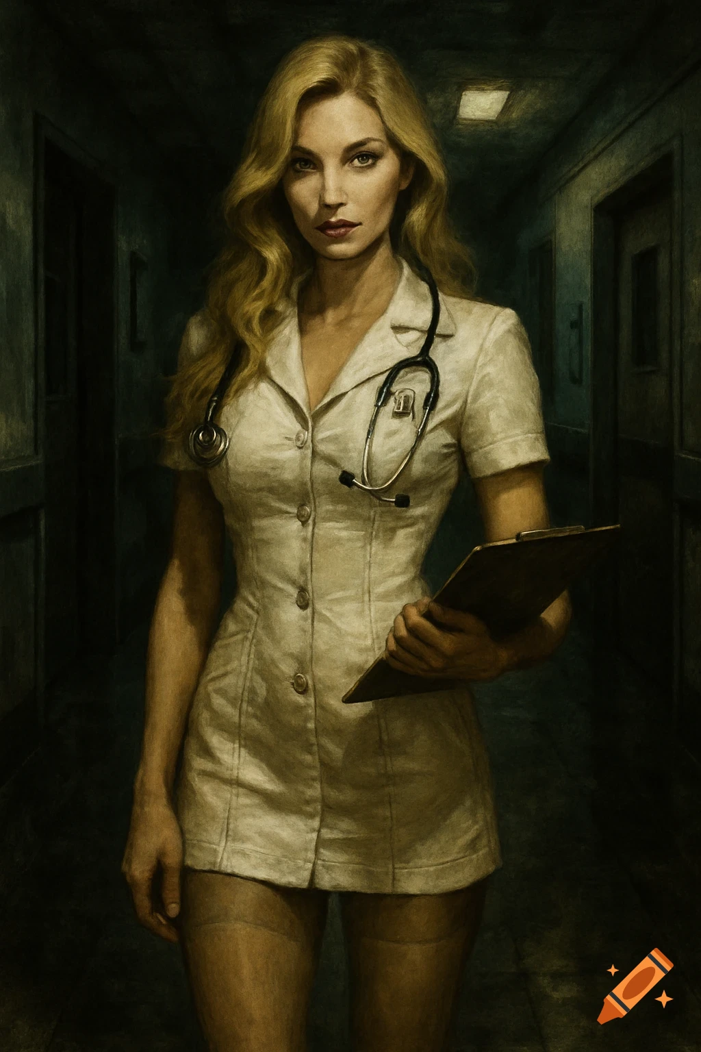 A woman in a nurse uniform and pantyhose stands in a dark hospital hallway, holding a clipboard. The style is dark and gritty.