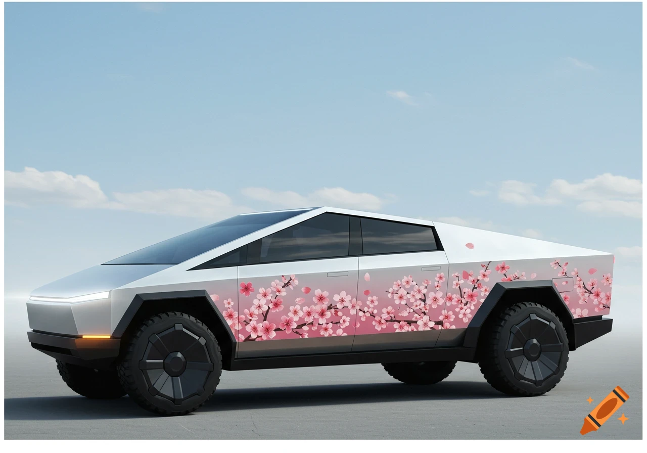 A white Tesla Cybertruck with a cherry blossom wrap.