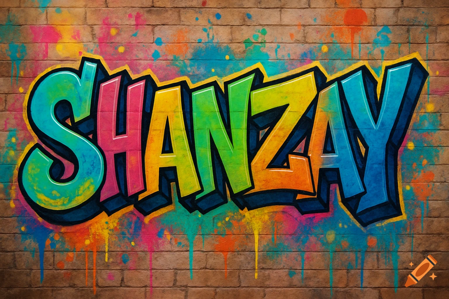 Colorful graffiti spelling SHANZAY on a brick wall.