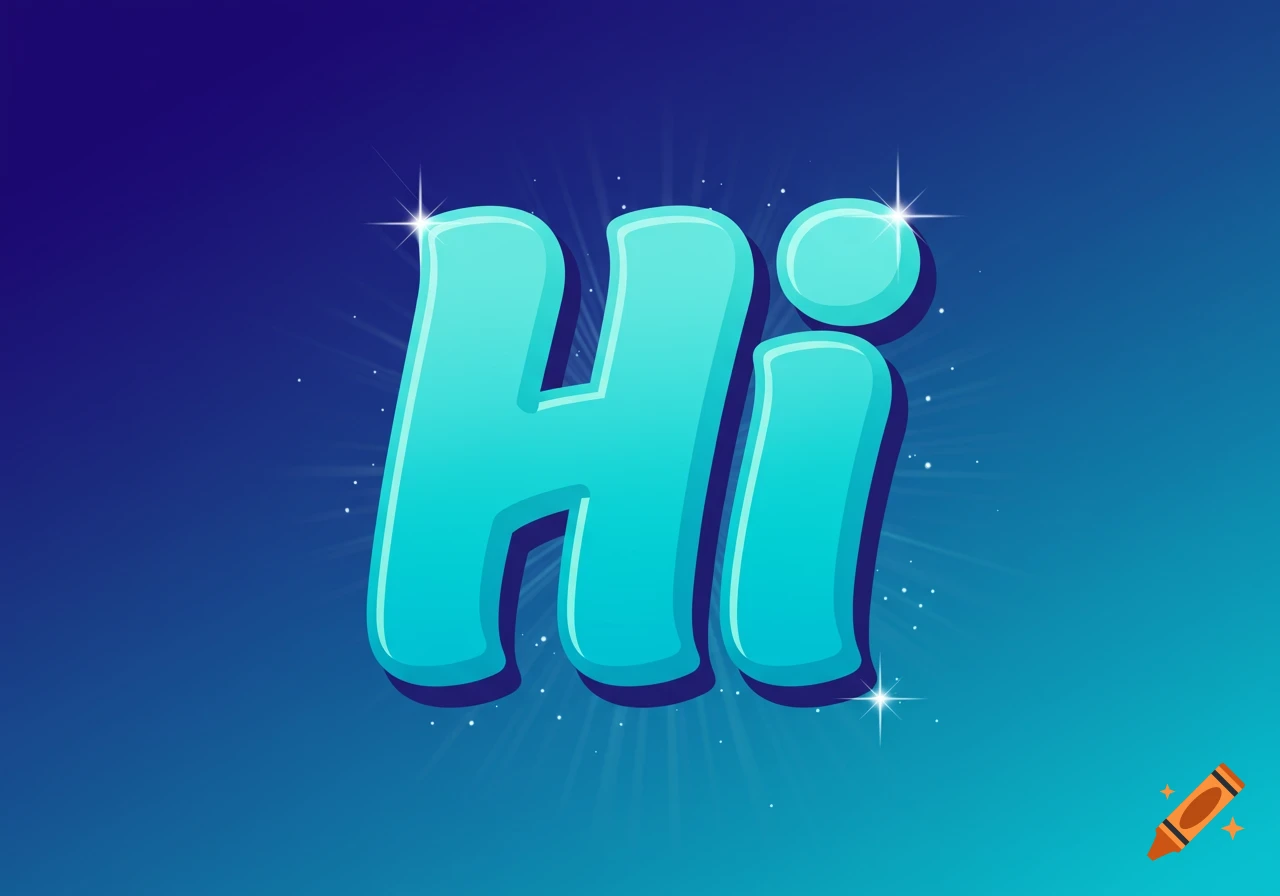 The word Hi in large, shiny blue bubble letters with sparkles on a dark blue background.