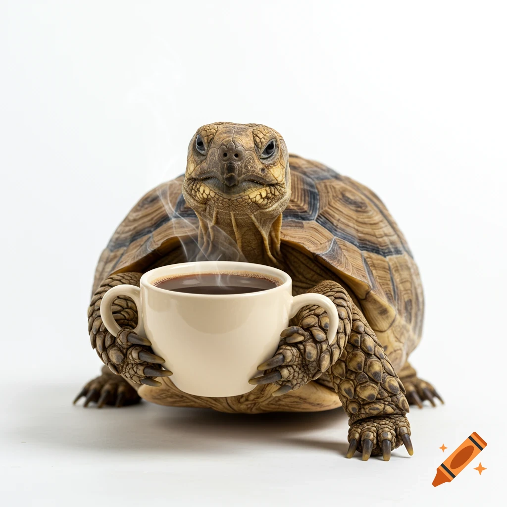 A photorealistic portrait of a tortoise holding a cup of coffee.