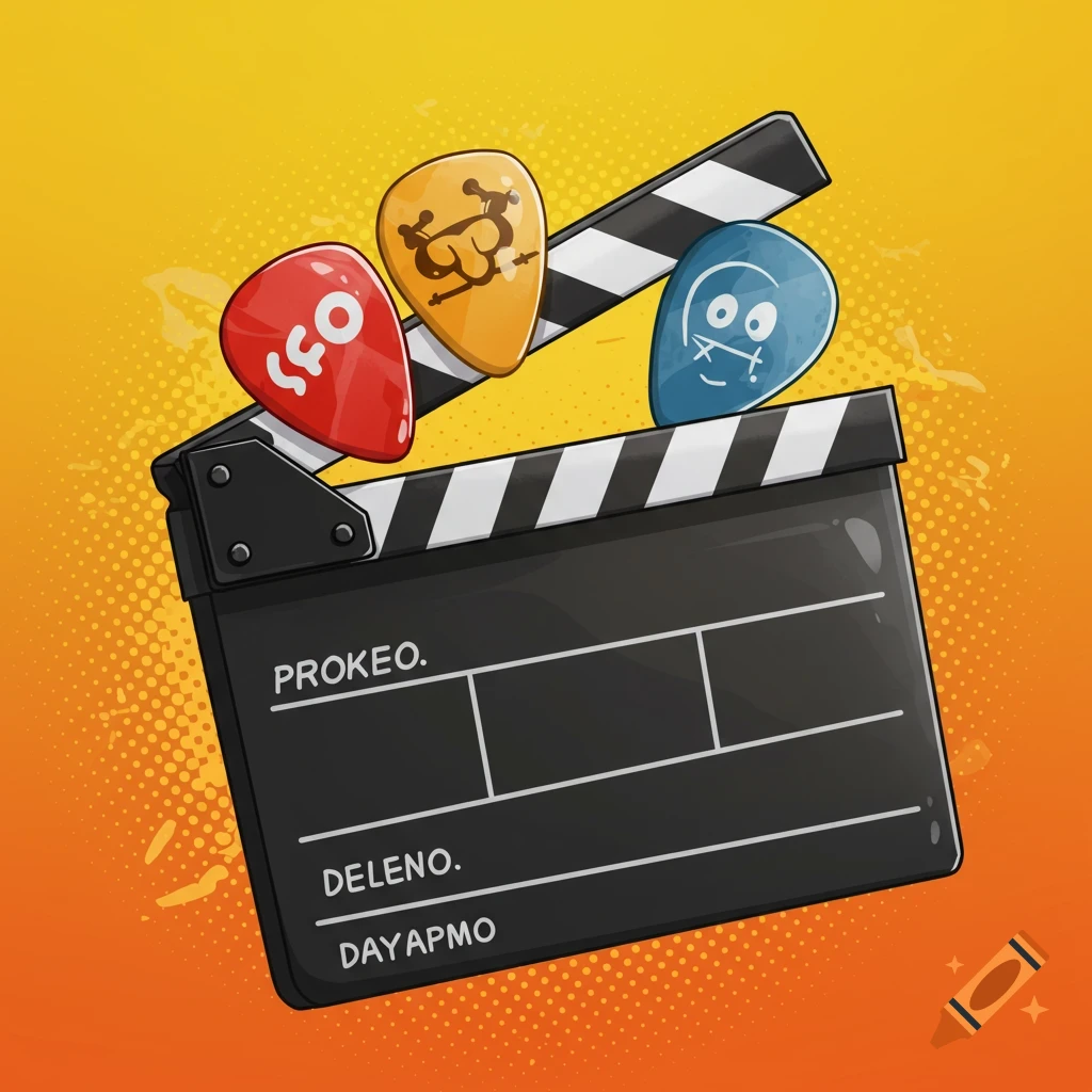 A cartoon illustration of a clapper board with three decorated guitar picks on top, against an orange background.