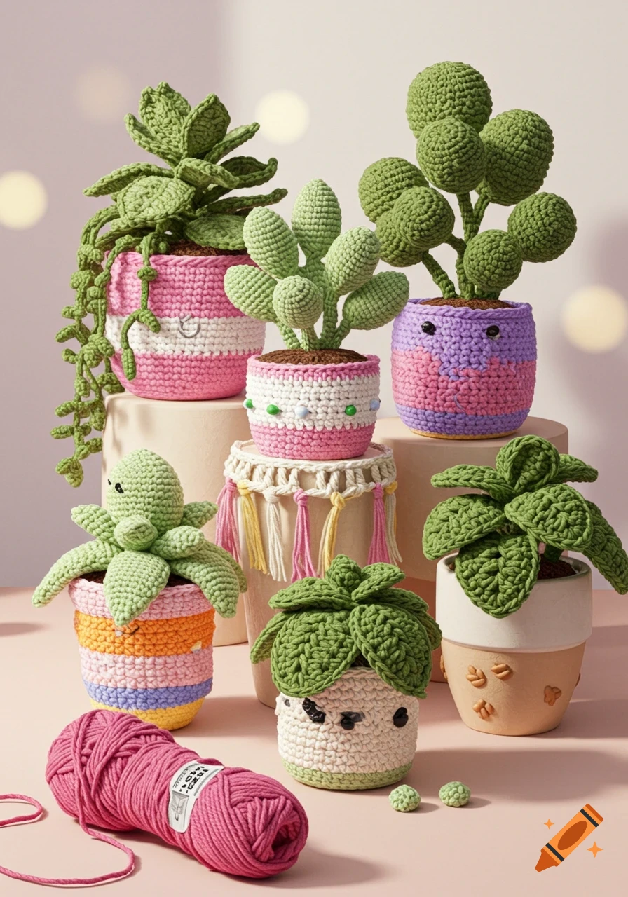 A still life photo showing several crocheted succulent and leafy plants in colorful pots, with a ball of pink yarn in the foreground.