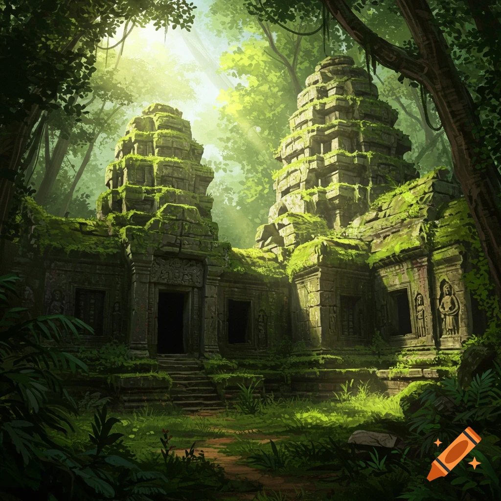 Ancient temple ruins covered in moss in a sun-dappled jungle