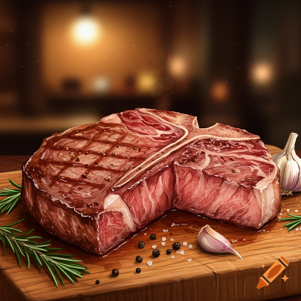 A cooked T-bone steak on a cutting board with rosemary, salt, and peppercorns.