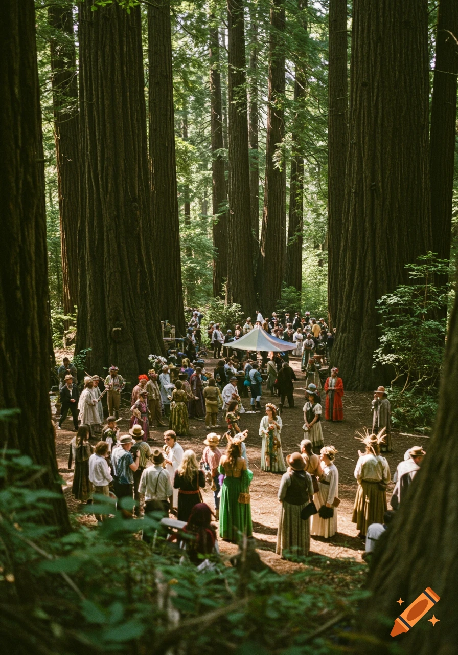 A large gathering of people in historical clothing stands in a clearing among towering redwood trees in a forest.