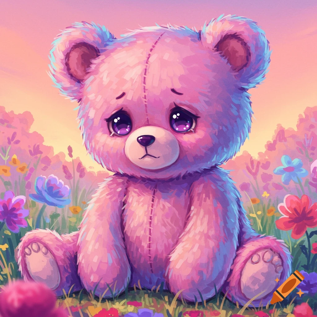 A sad pink anime teddy bear with teary eyes sits in a field of colorful flowers.