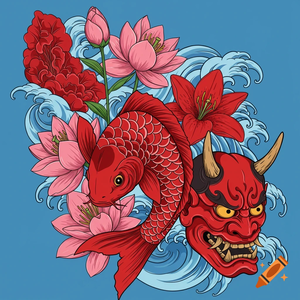 Traditional Japanese art of a red koi fish, pink lotus flowers, red lily, and a red demon mask on blue waves.