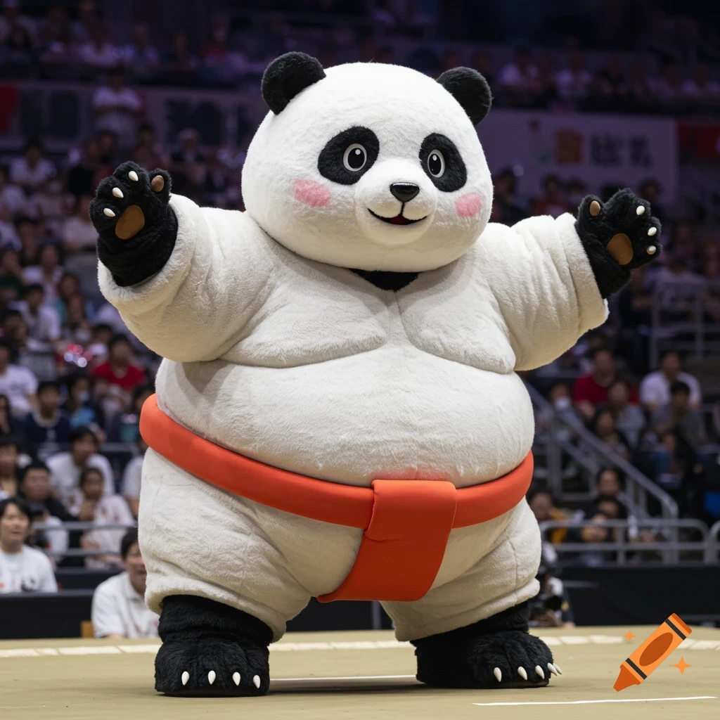 A panda mascot wearing a sumo belt stands in a stadium.
