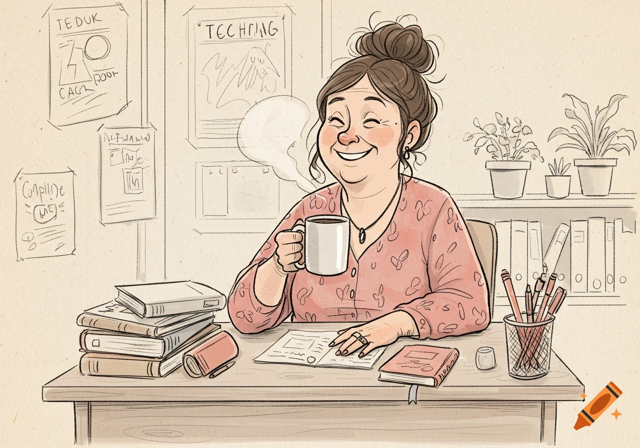 A sketch-like cartoon of a happy woman holding a coffee mug at her desk with books and plants.