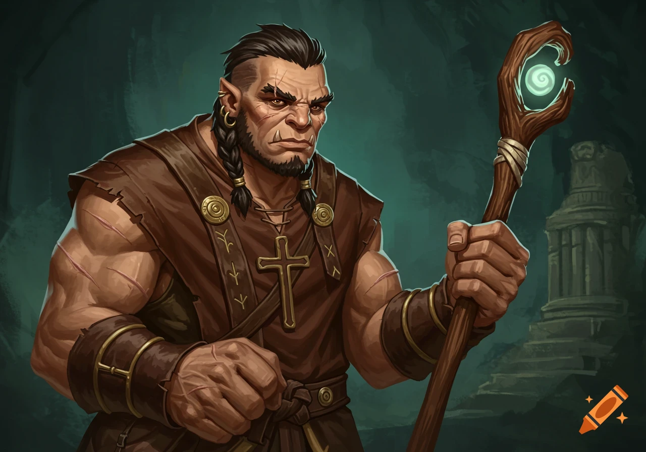 Fantasy illustration of a muscular, scarred Goliath cleric holding a staff.