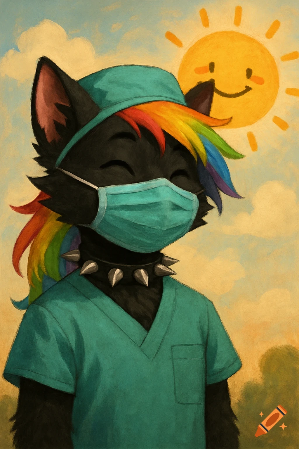 Cartoon black cat fursona with rainbow hair and a surgical mask in a medical uniform, under a smiling sun.