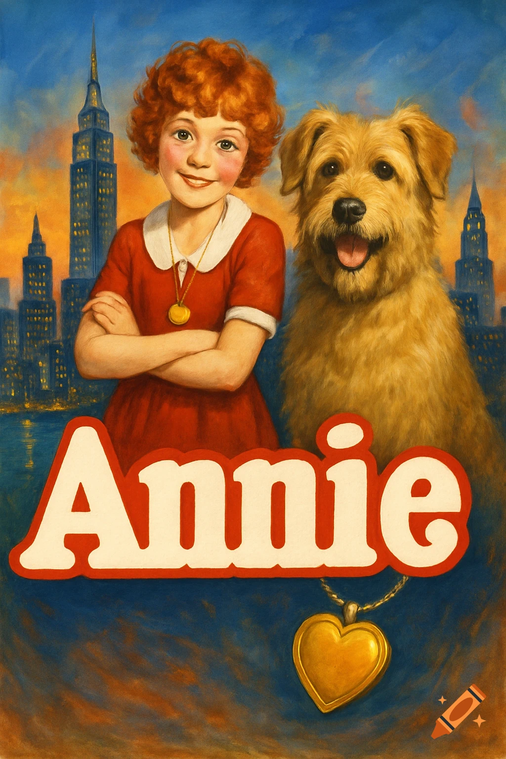 Painting of a girl and dog in front of the New York skyline, with the title Annie below.