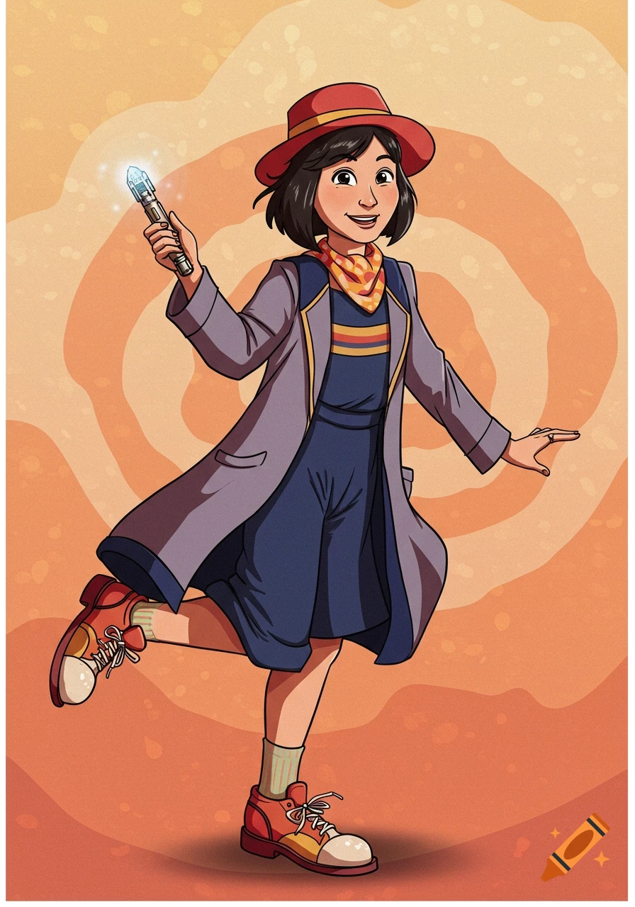 Cartoon illustration of a female character wearing a hat, coat, and scarf, holding a glowing sonic screwdriver.
