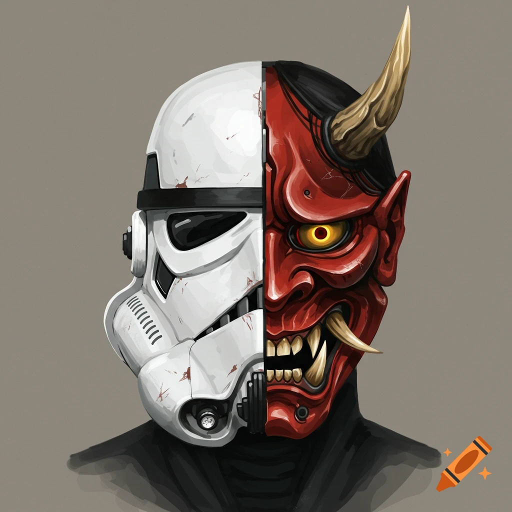 Split mask design combining a Star Wars Stormtrooper helmet and a Japanese Oni mask with battle damage.