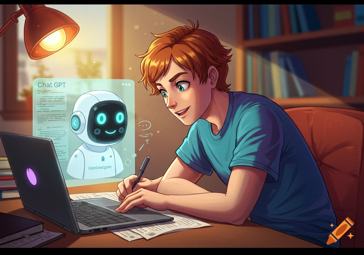Anime style illustration of a young man working on a laptop with a holographic chatbot labeled "Chat GPT" beside him.