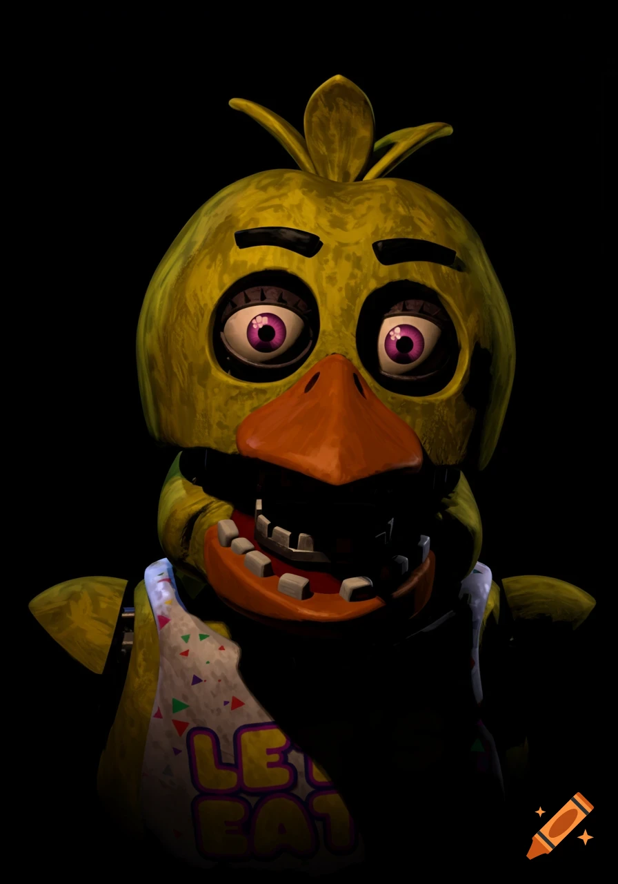 Close-up render of Chica the animatronic from Five Nights at Freddy's against a black background.