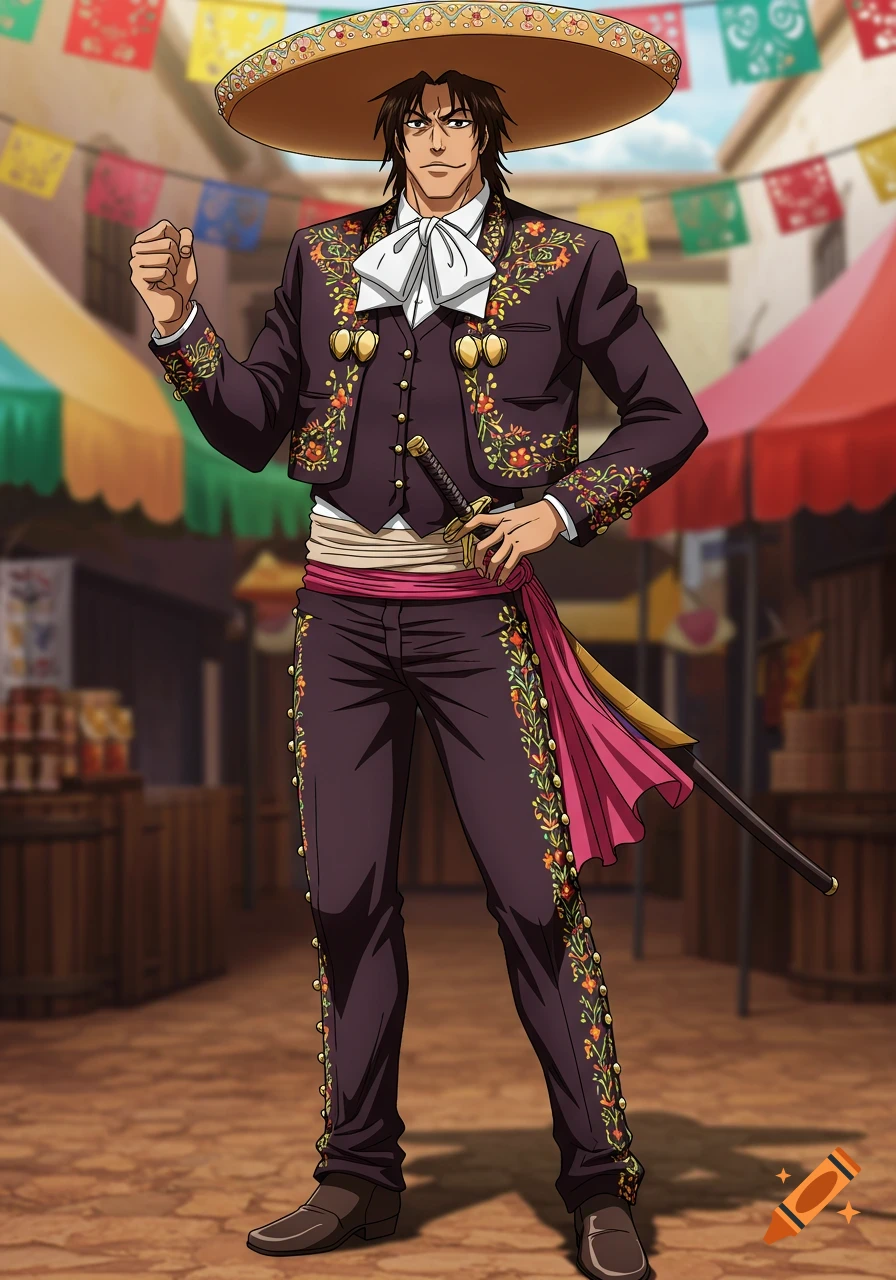 An anime-style man in a mariachi suit and sombrero stands in a market.