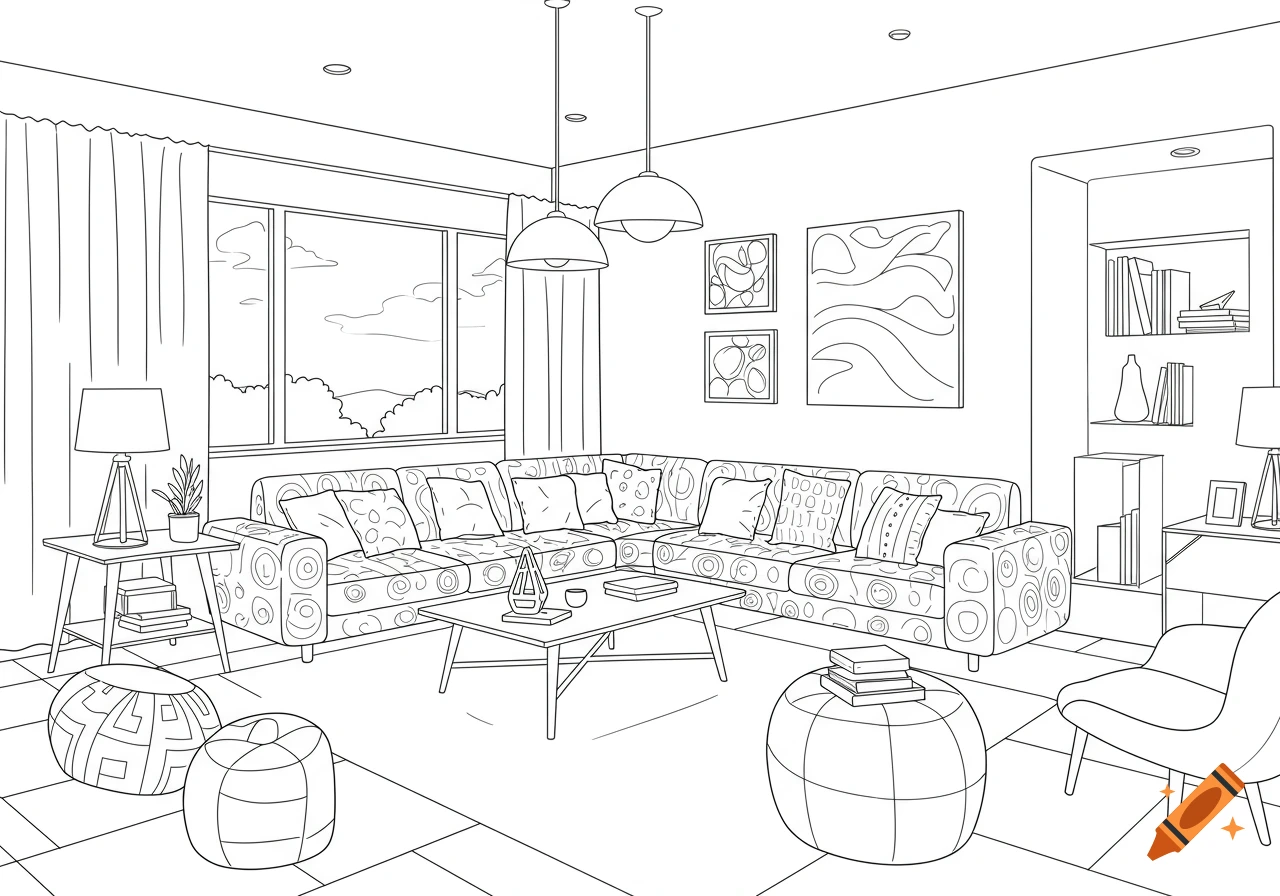 Line drawing of a modern living room interior with a large sectional sofa, coffee table, and window view.