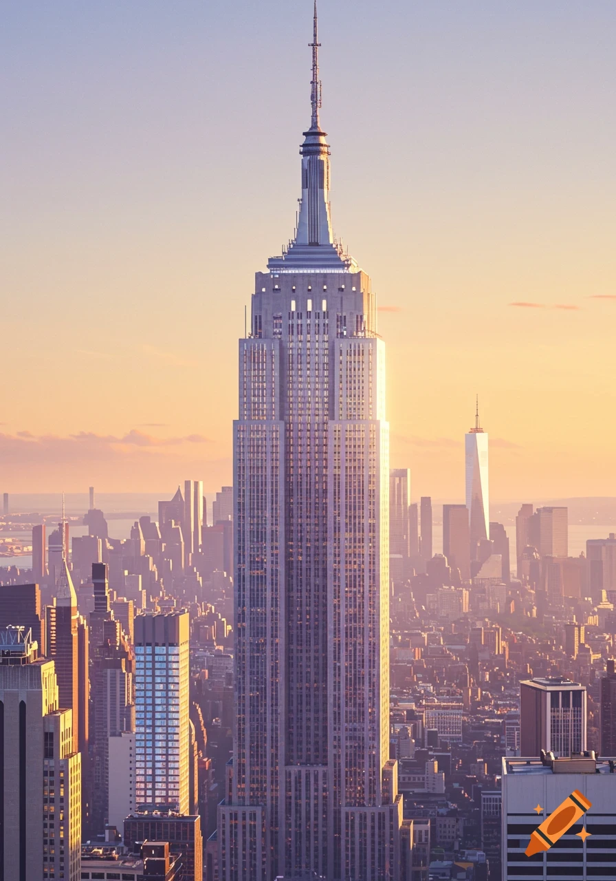 The Empire State Building dominates the New York City skyline at sunset.