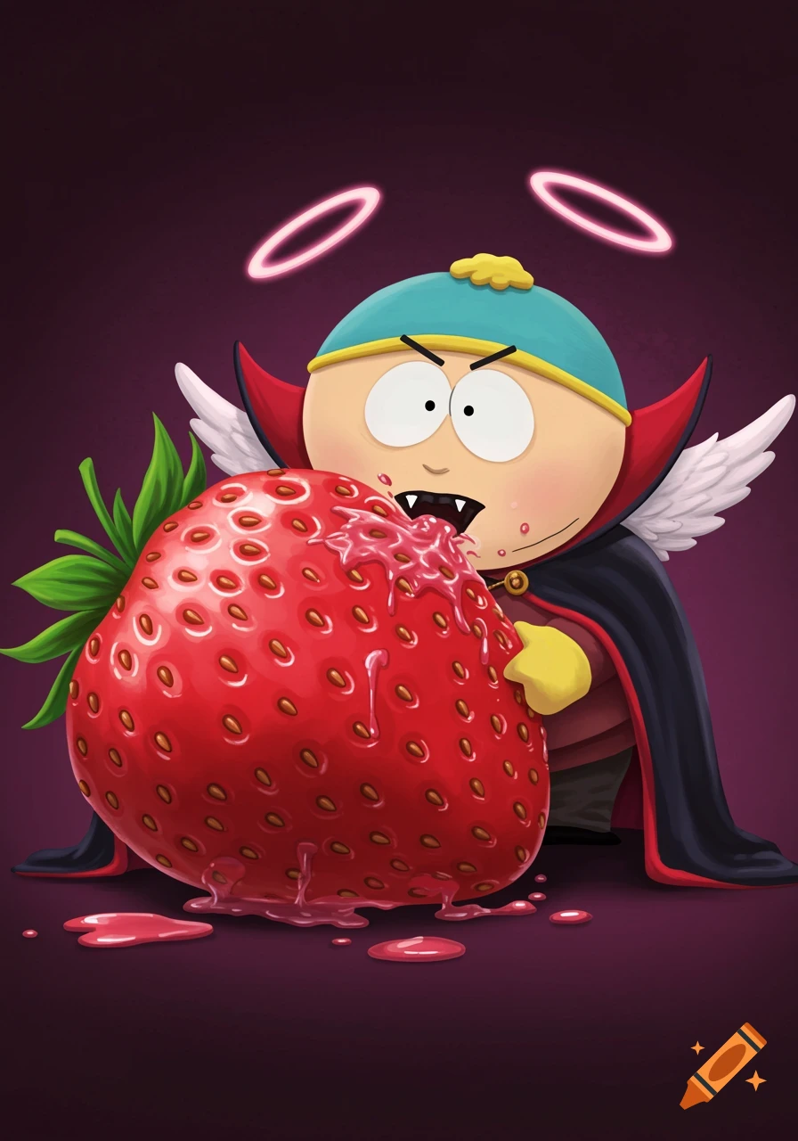 Cartoon of Cartman dressed as a vampire biting a giant strawberry. Stylized illustration.