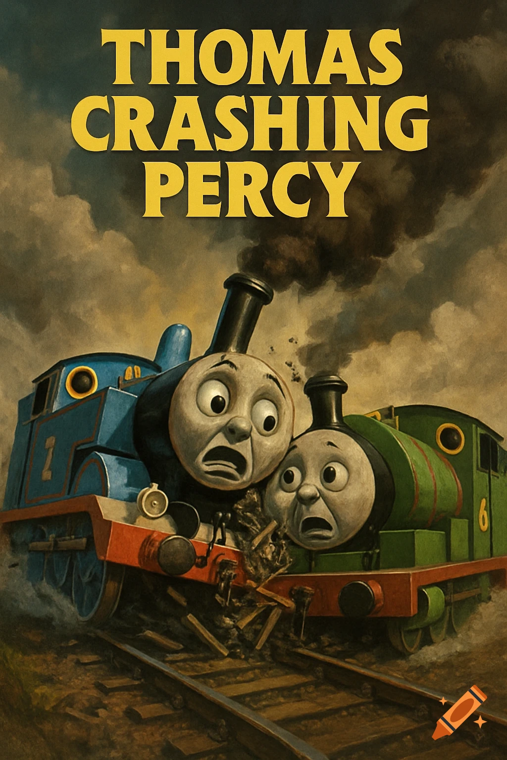 Movie poster showing cartoon trains Thomas and Percy with scared faces crashing on tracks. Text reads THOMAS CRASHING PERCY.