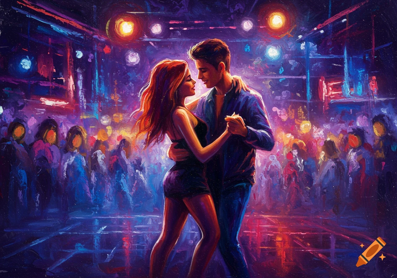 A couple dances closely in a vibrant, colorful oil pastel painting of a nightclub with a crowd.