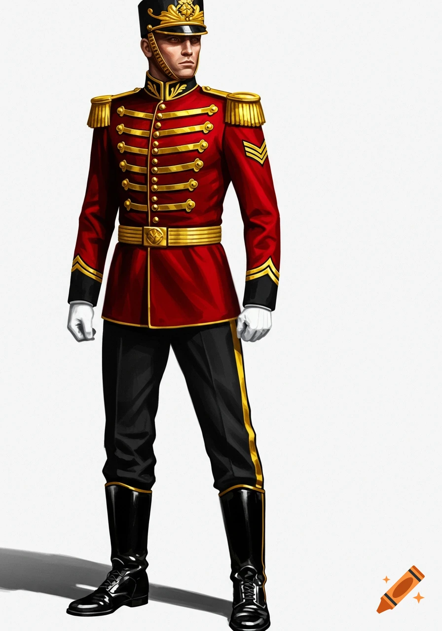 Soldier in red, gold, and black dress uniform