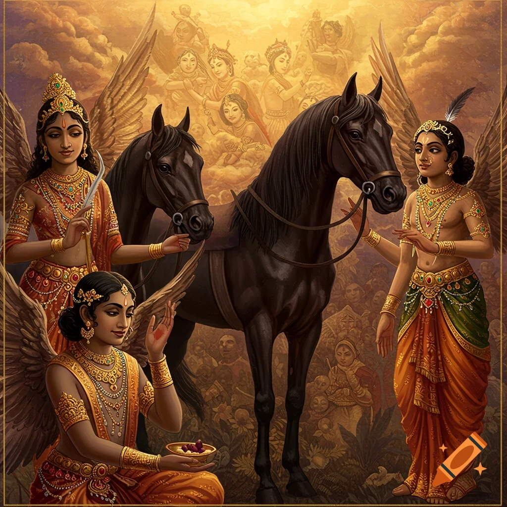 Celestial beings with wings and horses in golden light, wearing traditional Indian attire and jewelry.