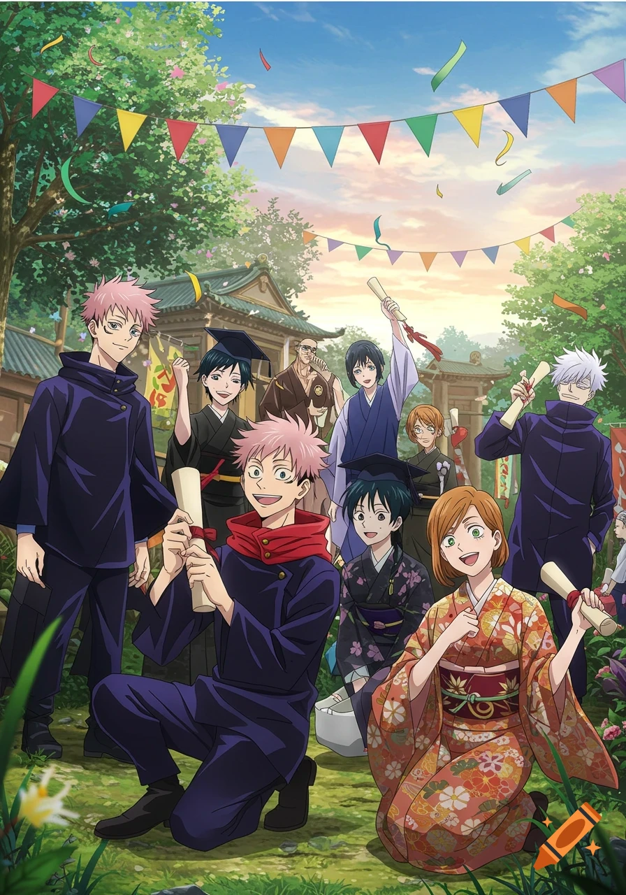 Anime characters celebrating graduation, holding diplomas, colorful flags, outdoor setting, Jujutsu Kaisen style.